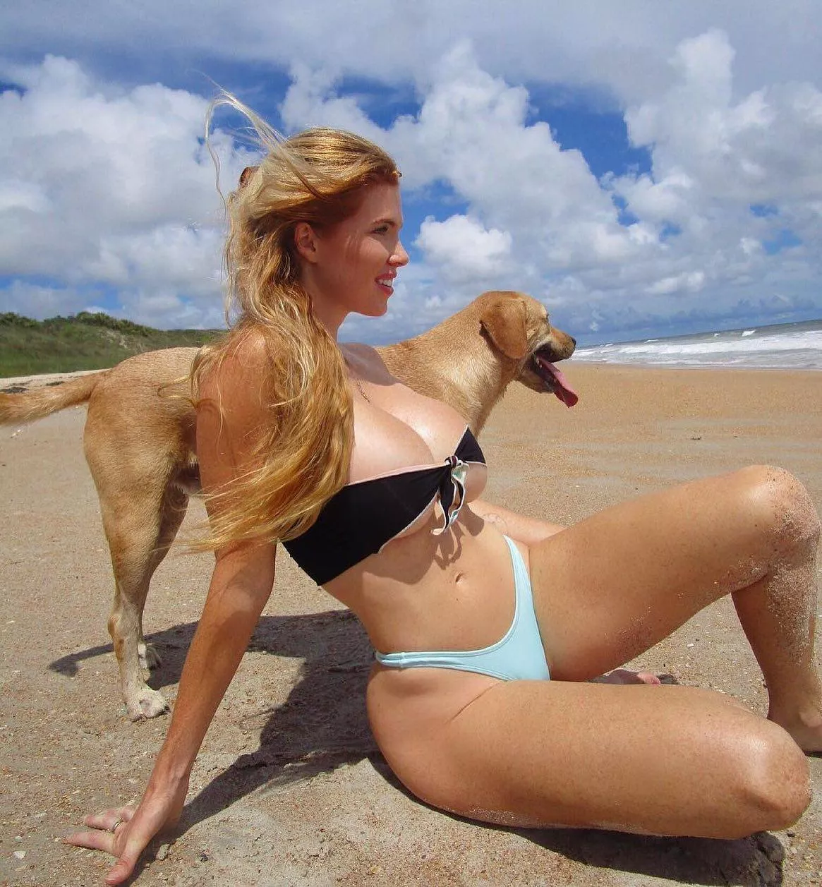 Two things men love... Big Tits in a Bandeau Bikini & Dogs