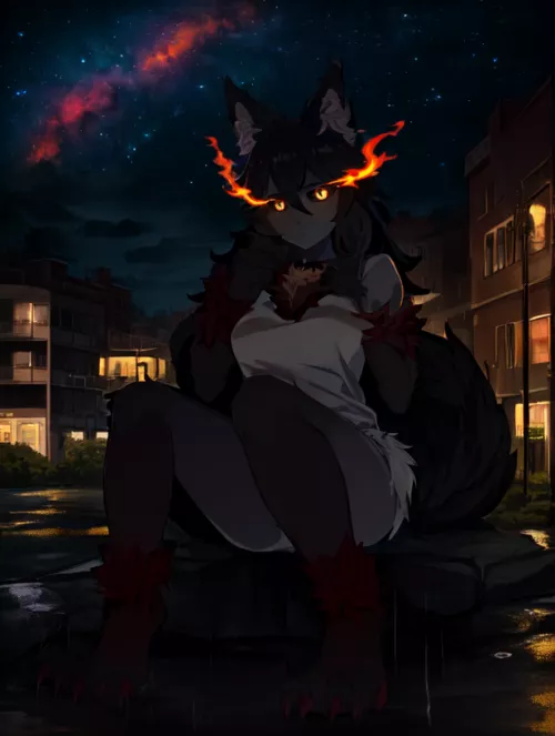 Sad Hellhound at night