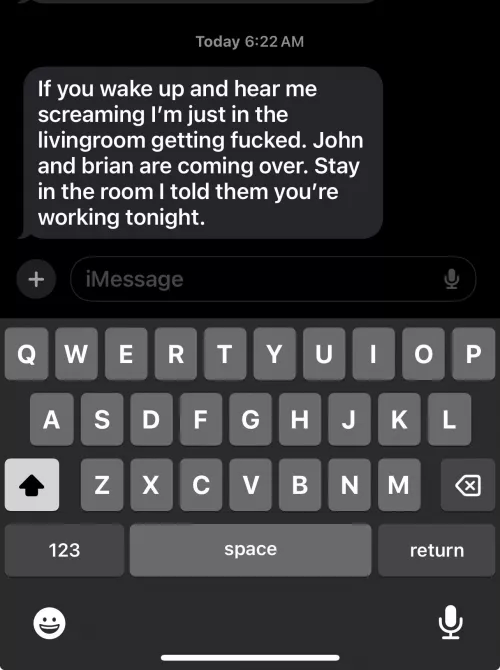 I’m doing lines in my living room waiting on two guys to come fuck me in my living room while my husband is asleep. I can care less if she wakes up he’s LOCKED!!