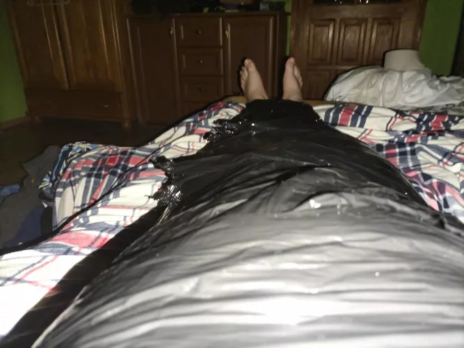 First time fully naked in two layers of pallet wrap. I mummified myself of course. Would love to be someone's plaything rn