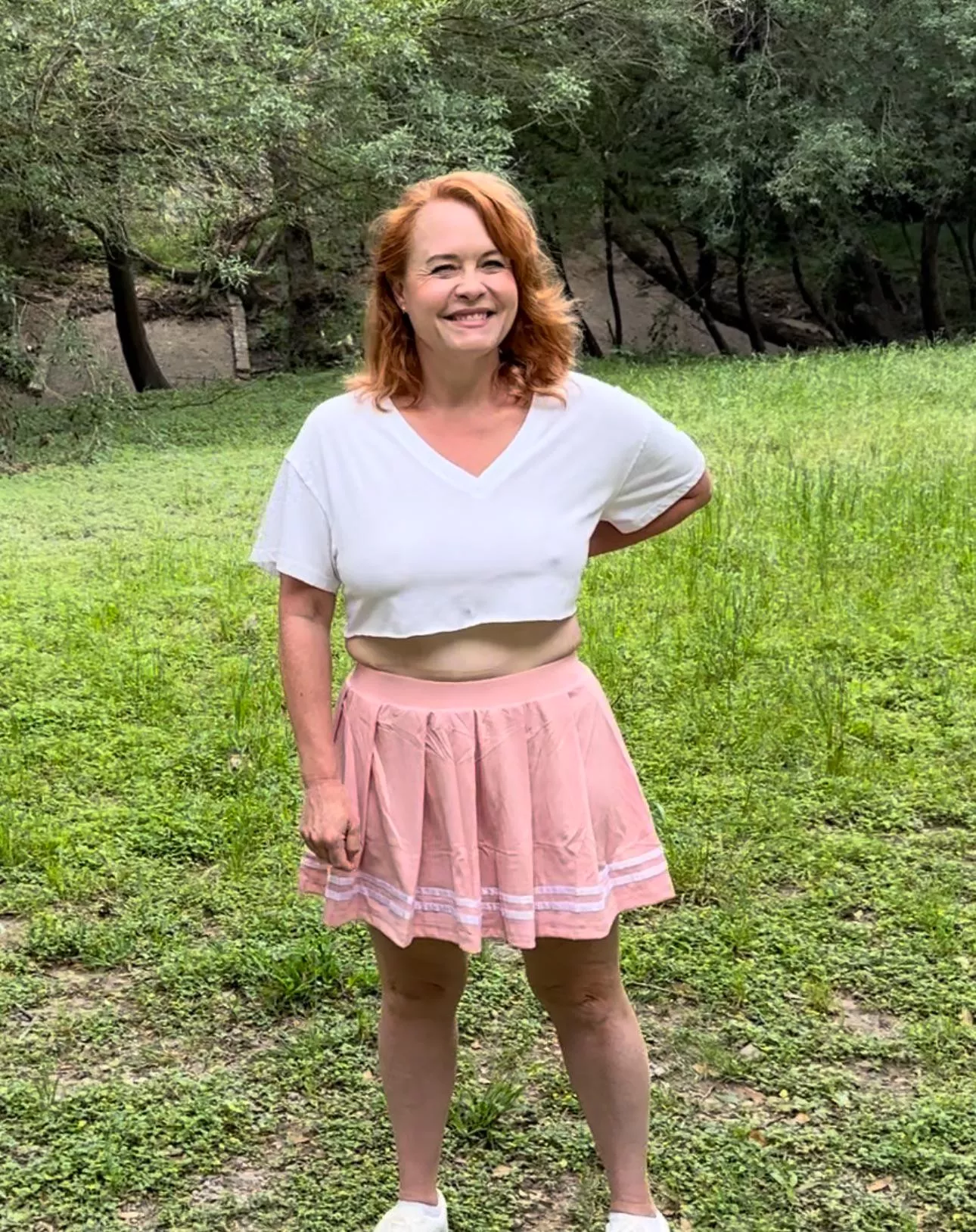 Enjoying the park in my braless cropped shirt and skirt 