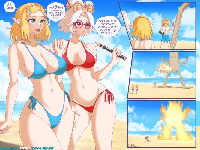 Zelda and Purah wearing tiny bikinis to show off their curvy bodies to Link