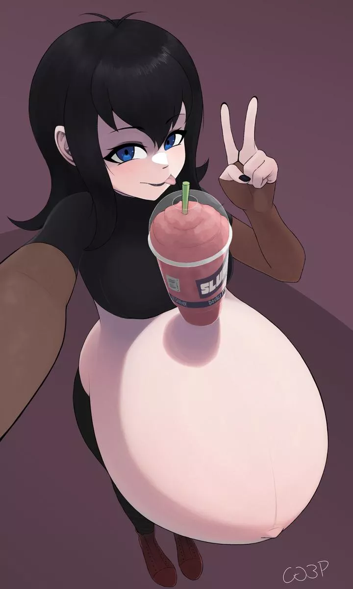Goth Girl balancing a slushy on her belly (CG3P)