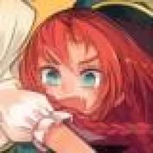 LF color source: 1girl, crop, red hair, blue eyes, open mouth, bangs, hair braid,face, close-up, puffy sleeves, frilled sleeves, skin fang, hair between eyes, touhou, hong meiling 