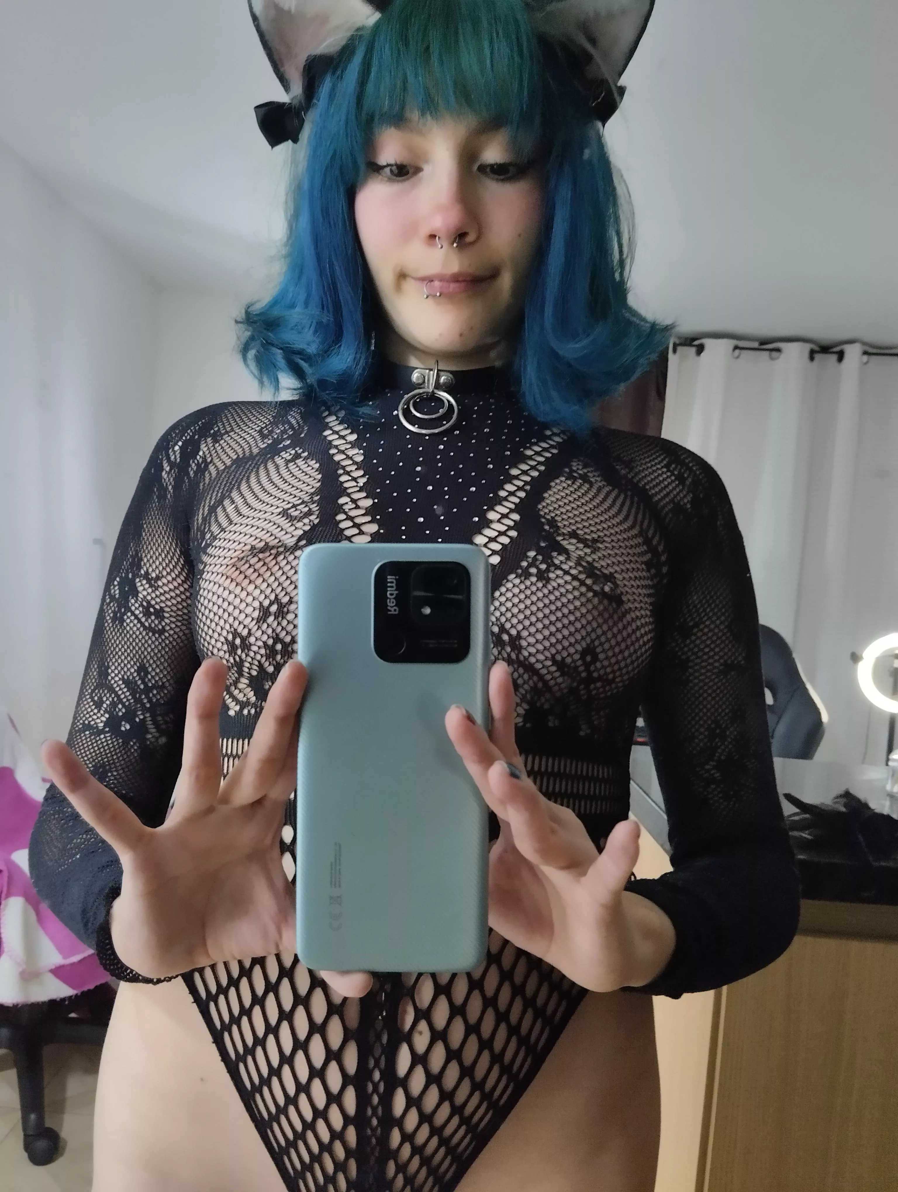 Blue haired kitty with bangs