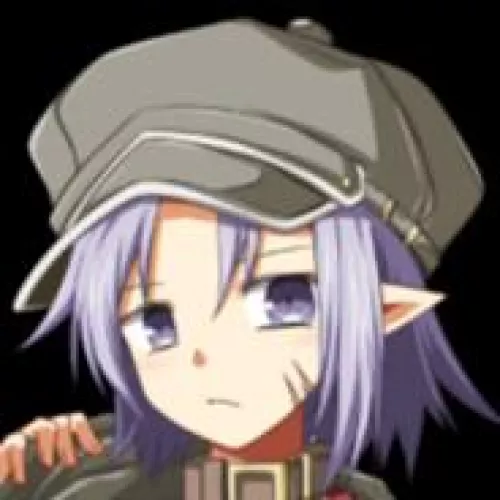 LF color source: 1girl, crop, face, hat, purple eyes, purple hair, collar, bangs, elf, elf ear