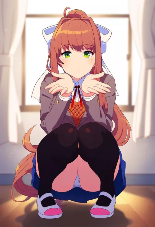 Just Monika stooping down