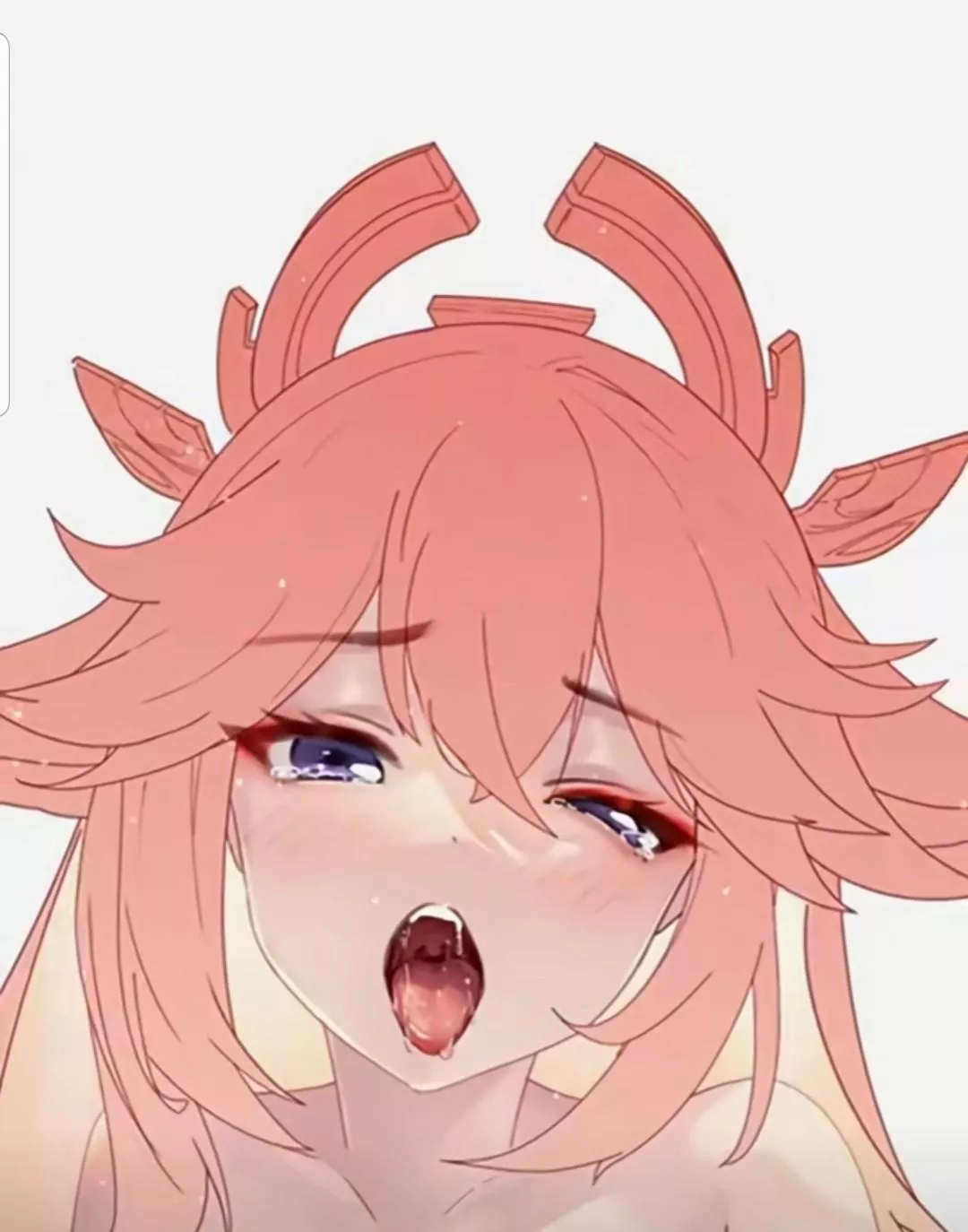 Color: yaemiko, pink hair, hair accessory, purple eyes, tears, red eyeshadow, blush, ahegao, saliva, incomplete drawing