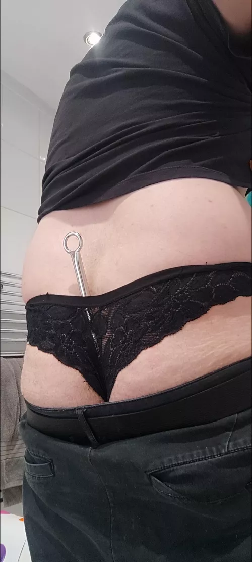 Anal hook in my ass with sexy black panties on underneath clothes 