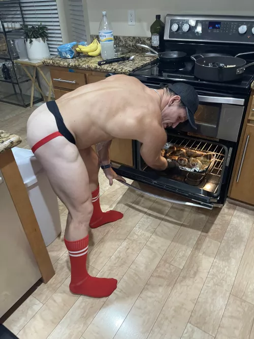Just cooking in my jockstrap. who's hungry? 🤪