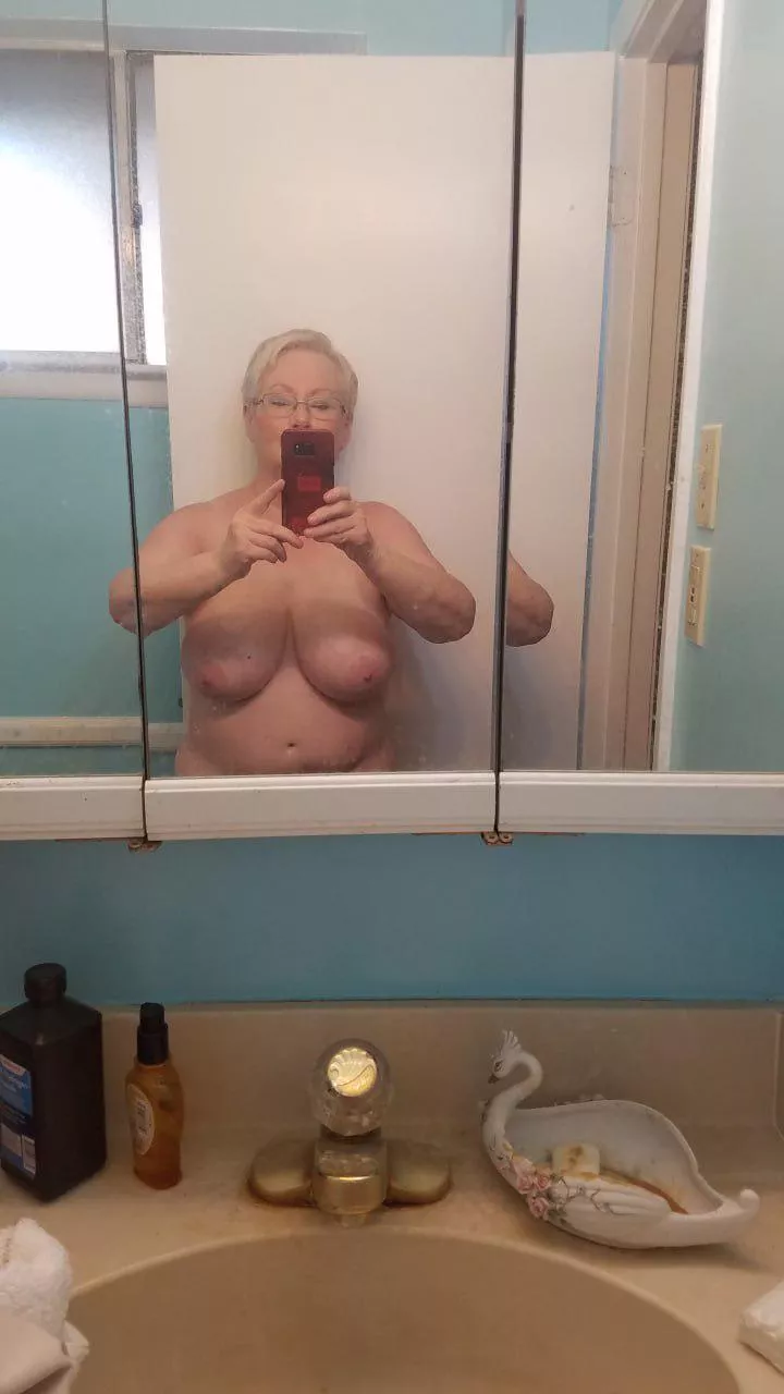 Topless 72yo in the bathroom, who wants to join me