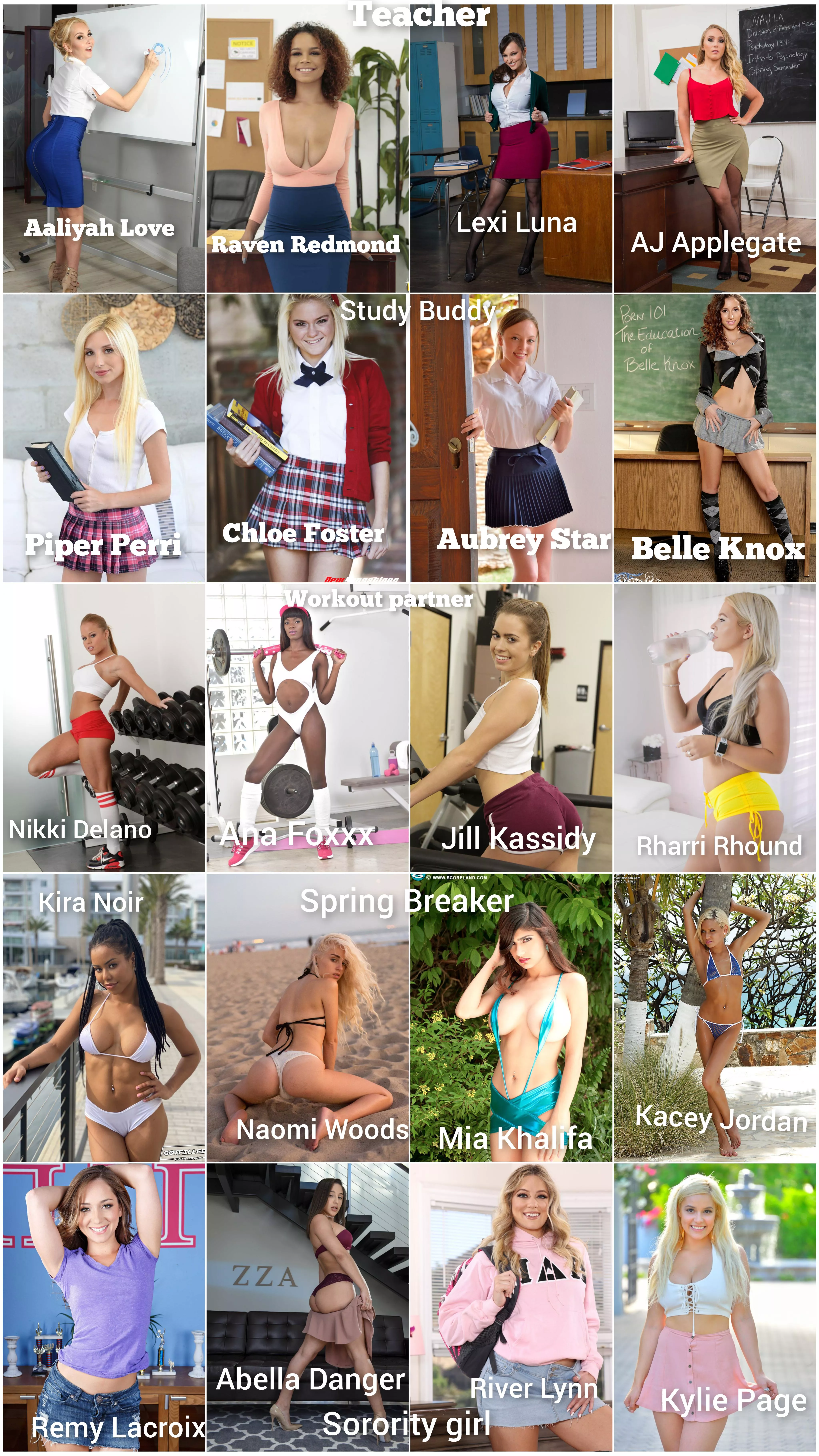 You made it into Pornstar U!  Build your college experience.  Pick one from each role