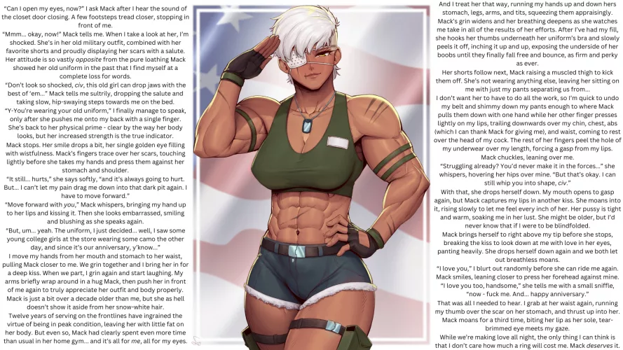 [Older Veteran Girlfriend with Muscles & Eyepatch] Has [Wholesome Anniversary Cowgirl Sex] with [Male Reader], in [Old Military Uniform]. [Healed War Trauma] and [Marriage] are discussed; [Slight Muscle Worship] also present. Artist is [SpeedL00ver].