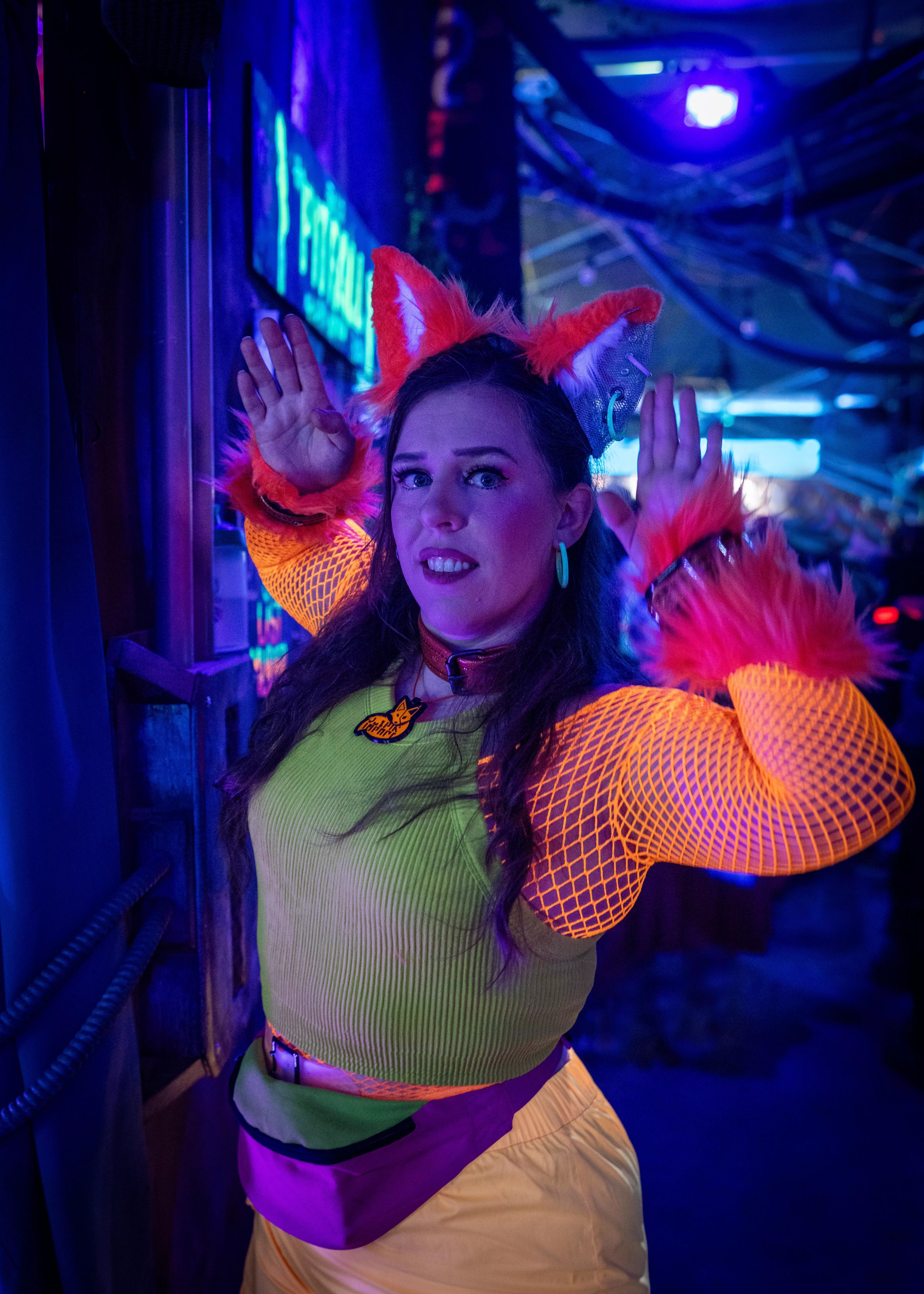 Flirty foxgirl at the cyberpunk LARP
