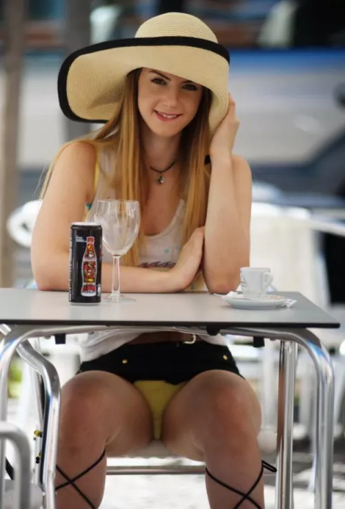 Stella shows upskirt outdoors...