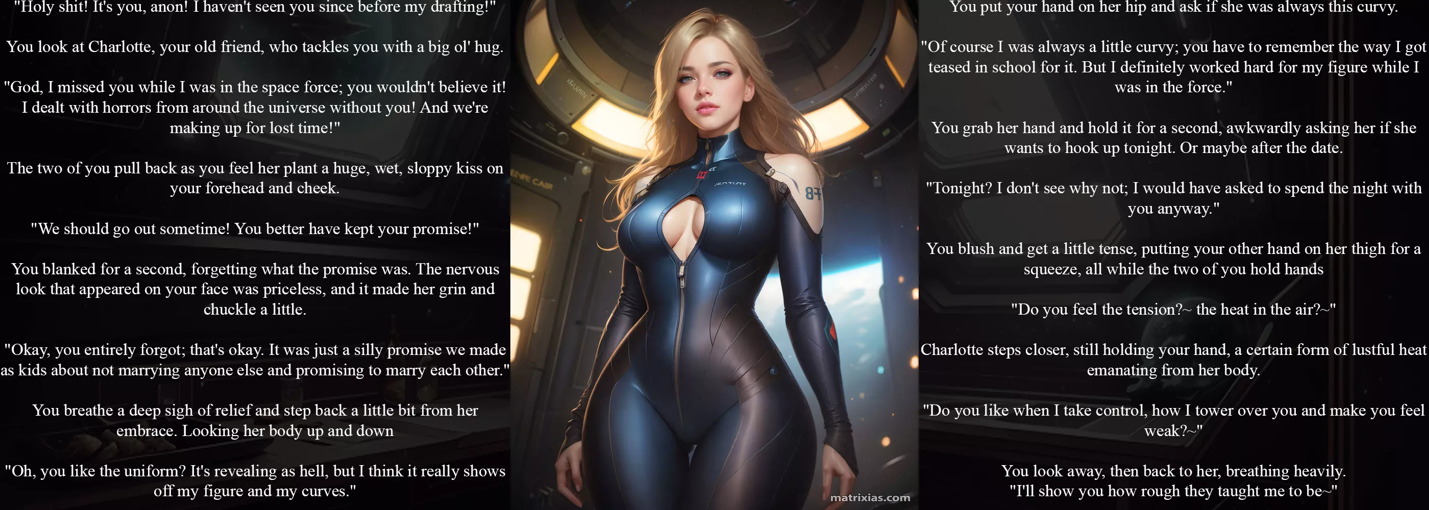 Wholesome Space Relationship! [Sci Fi] [Wholesome] [Gentle Femdom] [No Sex] [Open Ended] [Part 1?] (If this is popular, I'll write a sequel... but only if this is popular. I have 2 other series to work on as well.) [Artists: Matrixias, archonom]