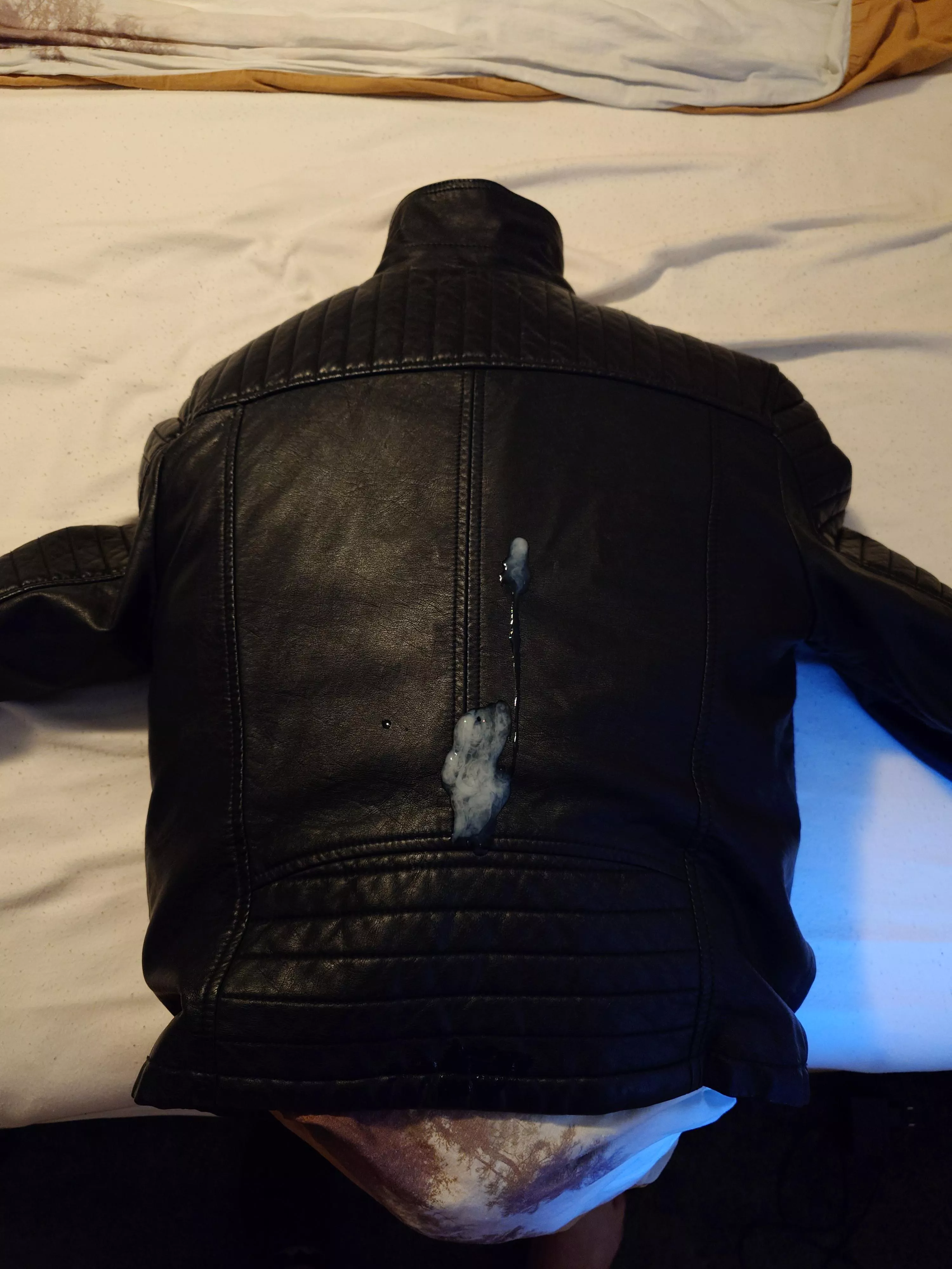 Cummed on my GF leather jacket 