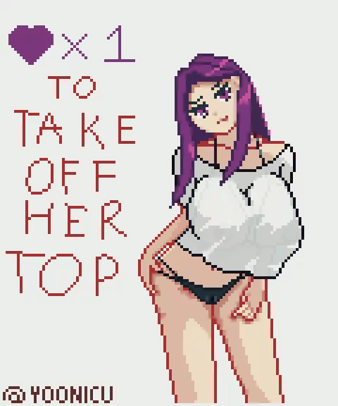 Thanks to your support, her pants are gone, but remains still her top. 