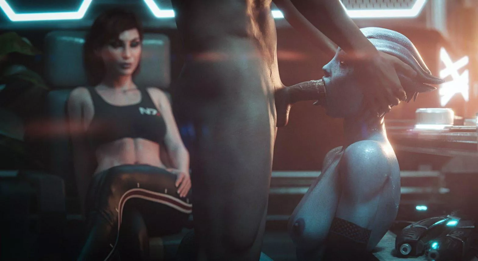 Femshep watching Liara giving blowjob (Cekc)