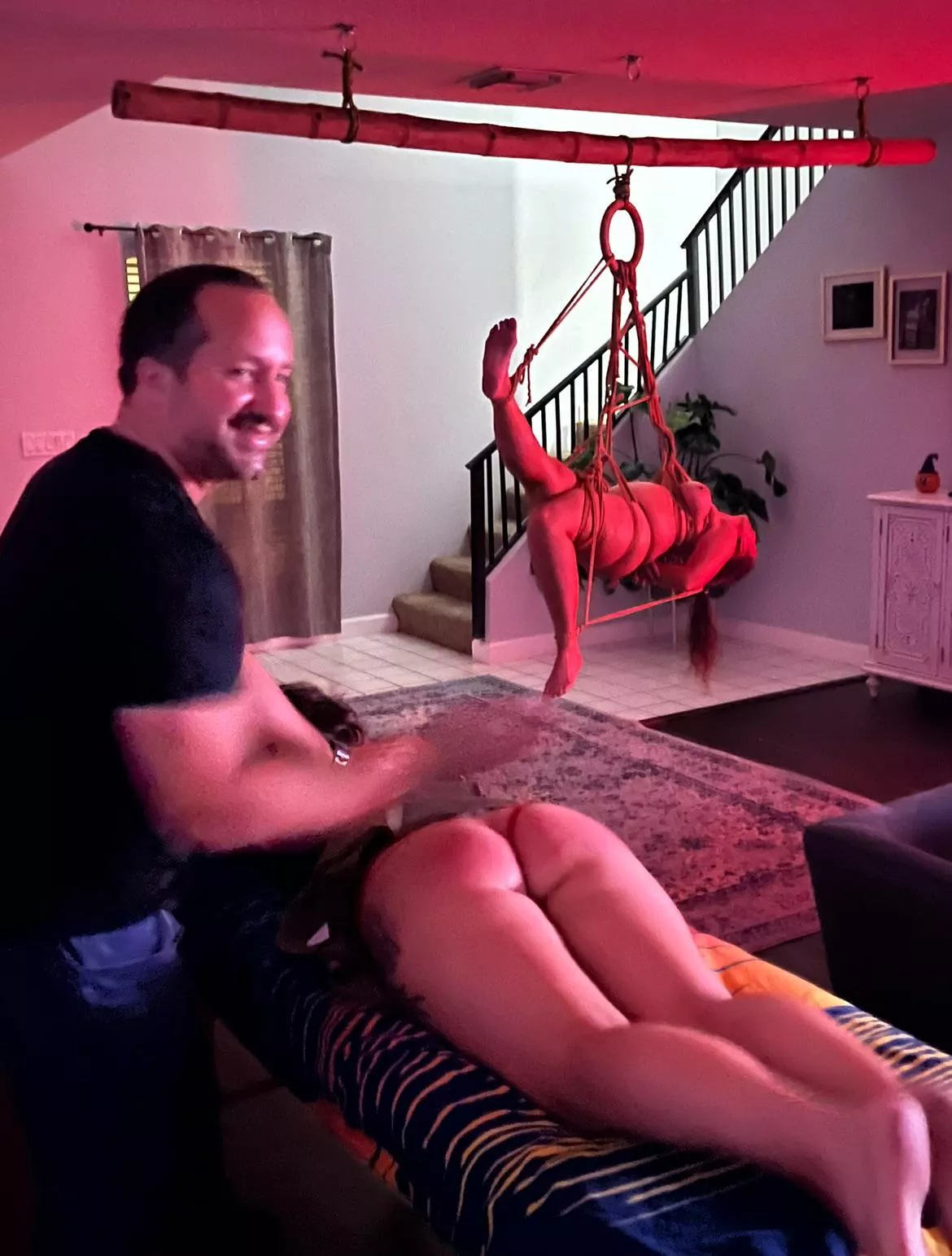 Full swap! I tied and suspended his wife while he spanked my girlfriend 