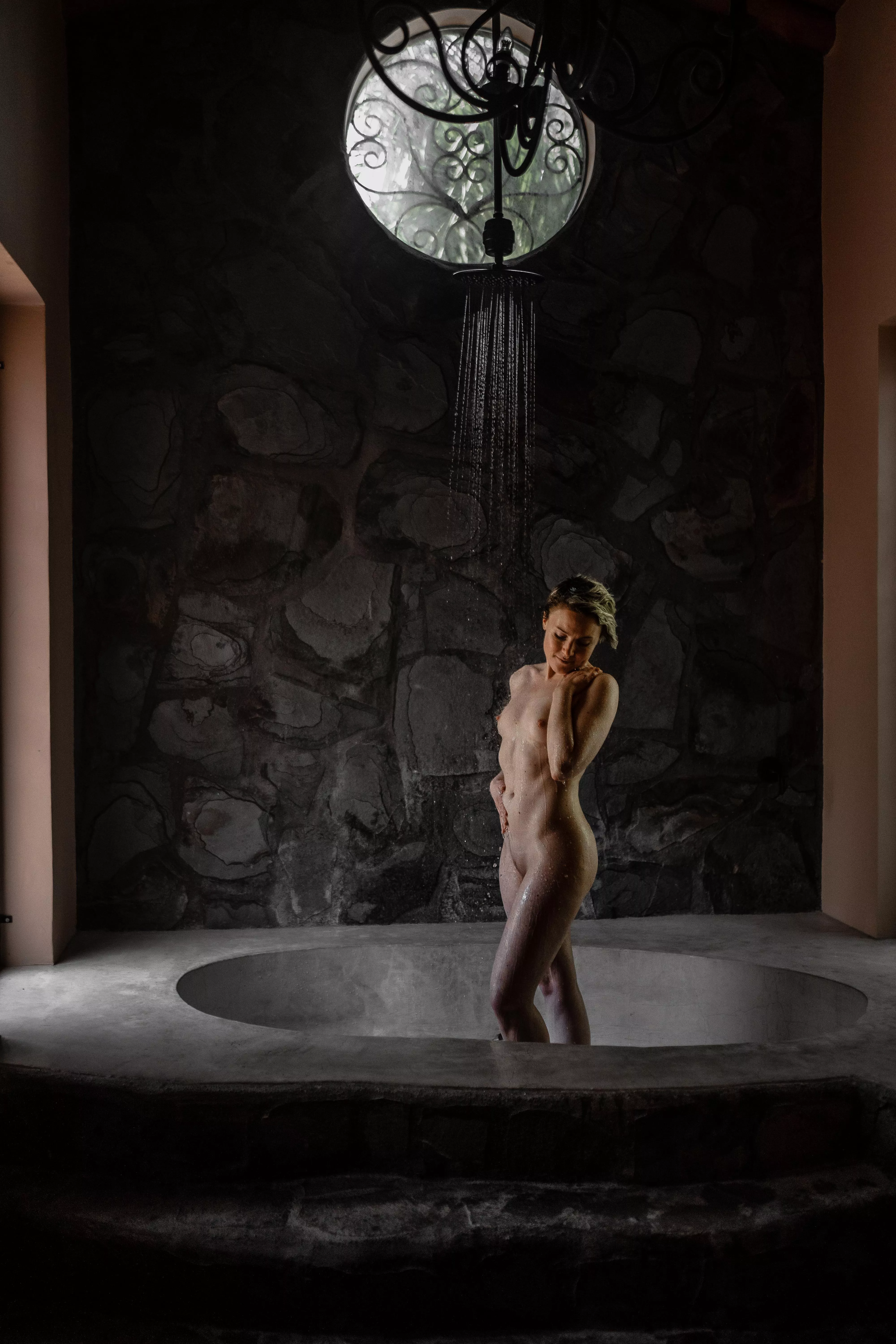 enjoying a nice hot shower.