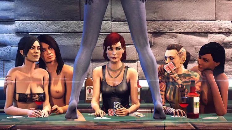Miranda, Ashley, Femshep, Jack, Traynor, and Liara playing strip poker (Rescraft)