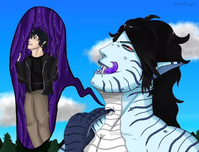 {image} Down the Naga's Throat (drawn by me, prey character belongs to @Sketchmog on DeviantArt! Pred is mine) [oral, soft, macro, male pred, safe]