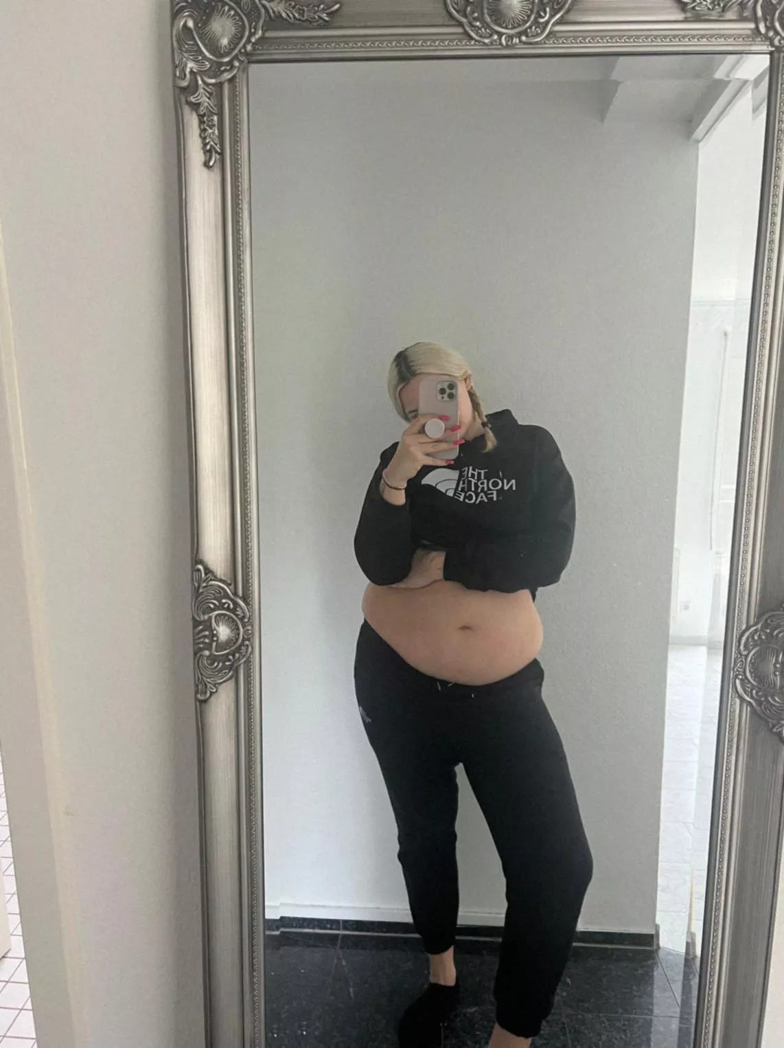 My black outfit can barely contain my big belly