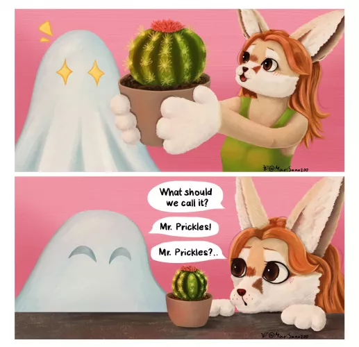 Just finished!! A mini comics with my fursona and her friend, who is a ghost. What is the best name for a cactus in your opinion? :3