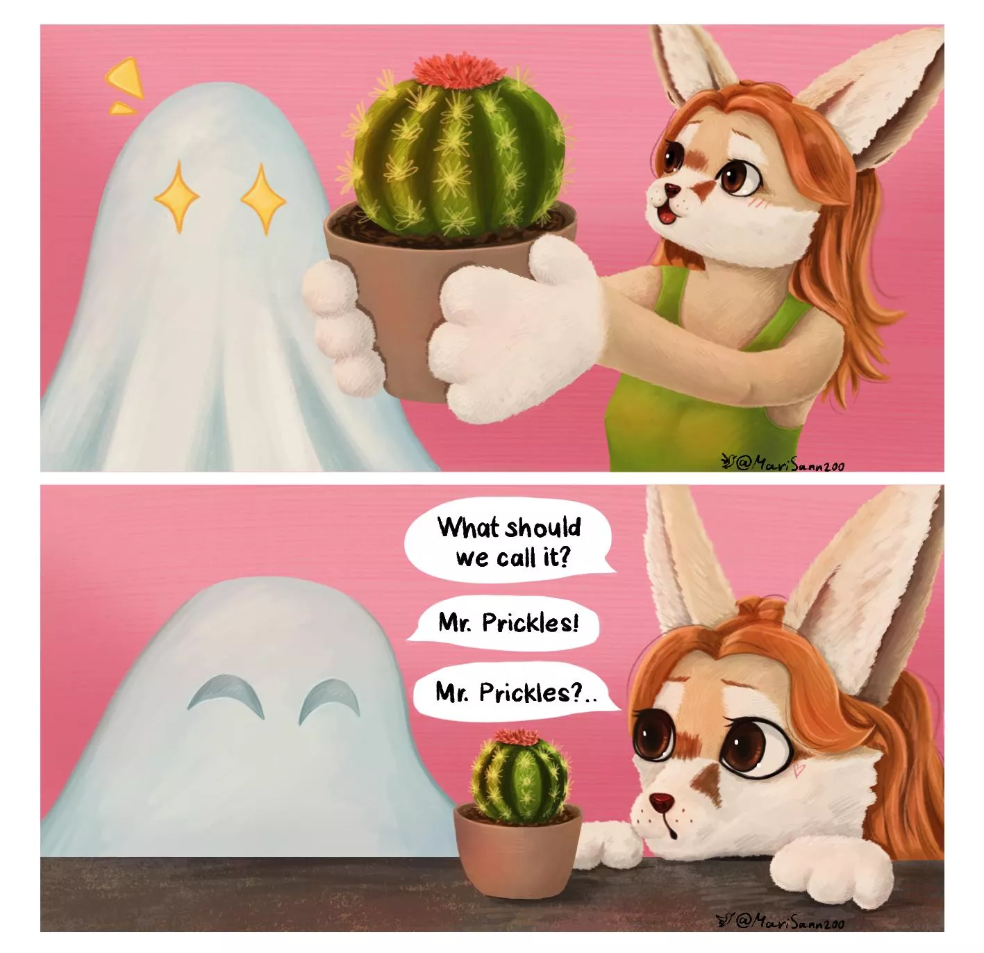 Just finished!! A mini comics with my fursona and her friend, who is a ghost. What is the best name for a cactus in your opinion? :3