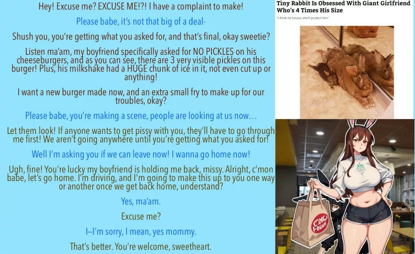 Saw a meme today, and immediately got an idea [meme] [bunny girl/boy] [size difference] [giant, overprotective girlfriend x tiny shy boyfriend] [pet names] 