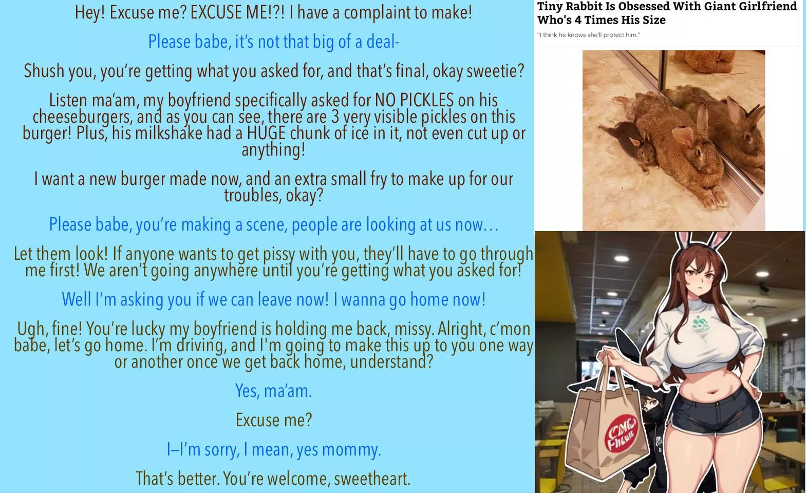 Saw a meme today, and immediately got an idea [meme] [bunny girl/boy] [size difference] [giant, overprotective girlfriend x tiny shy boyfriend] [pet names] 