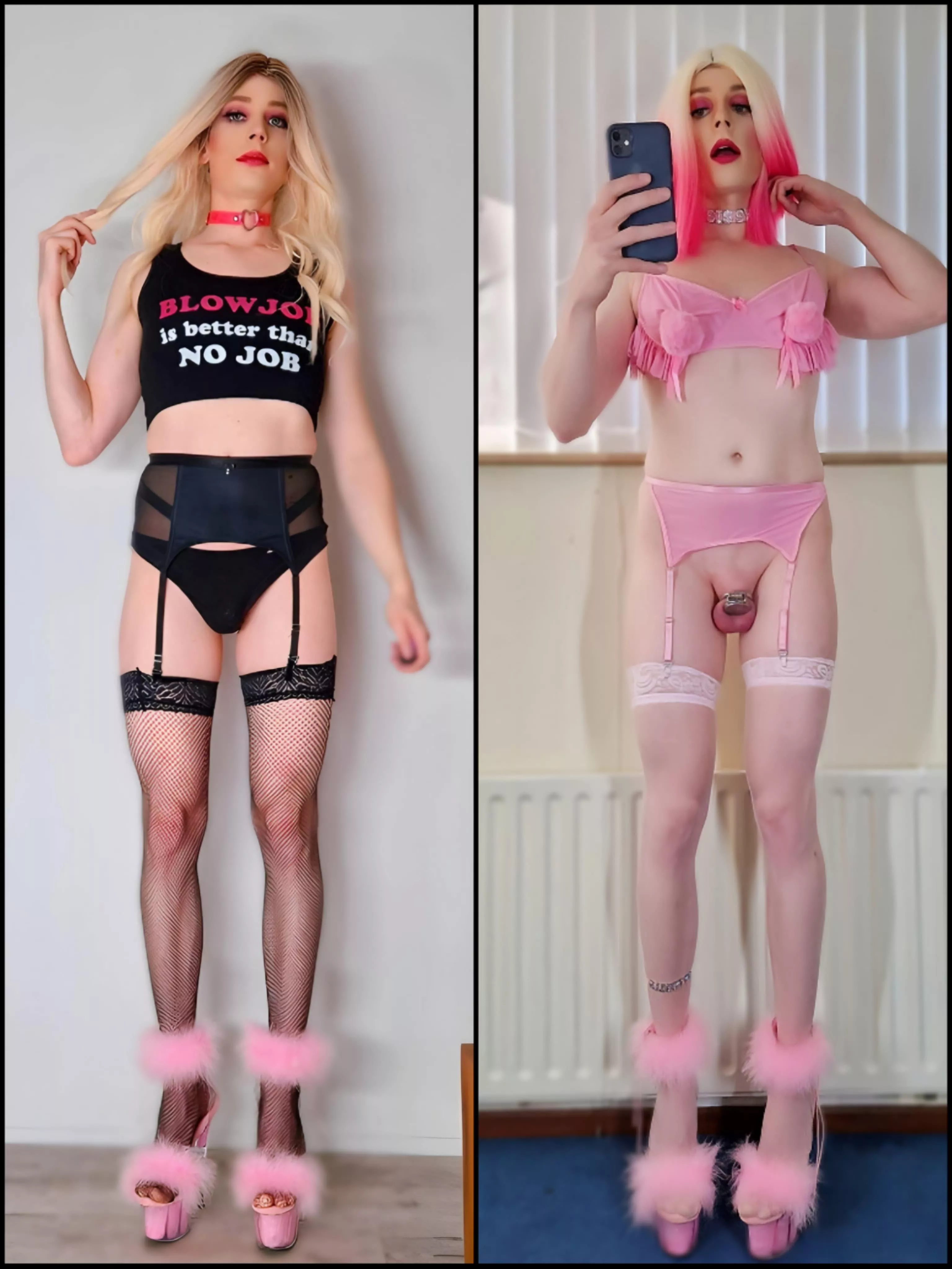 I’m hosting a sissy slumber party tonight which outfit should I wear..Left or right ?💕