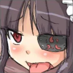 LF color source: 1girl, crop, red eyes, tongue out, black hair, ahegao, bangs, eyepatch