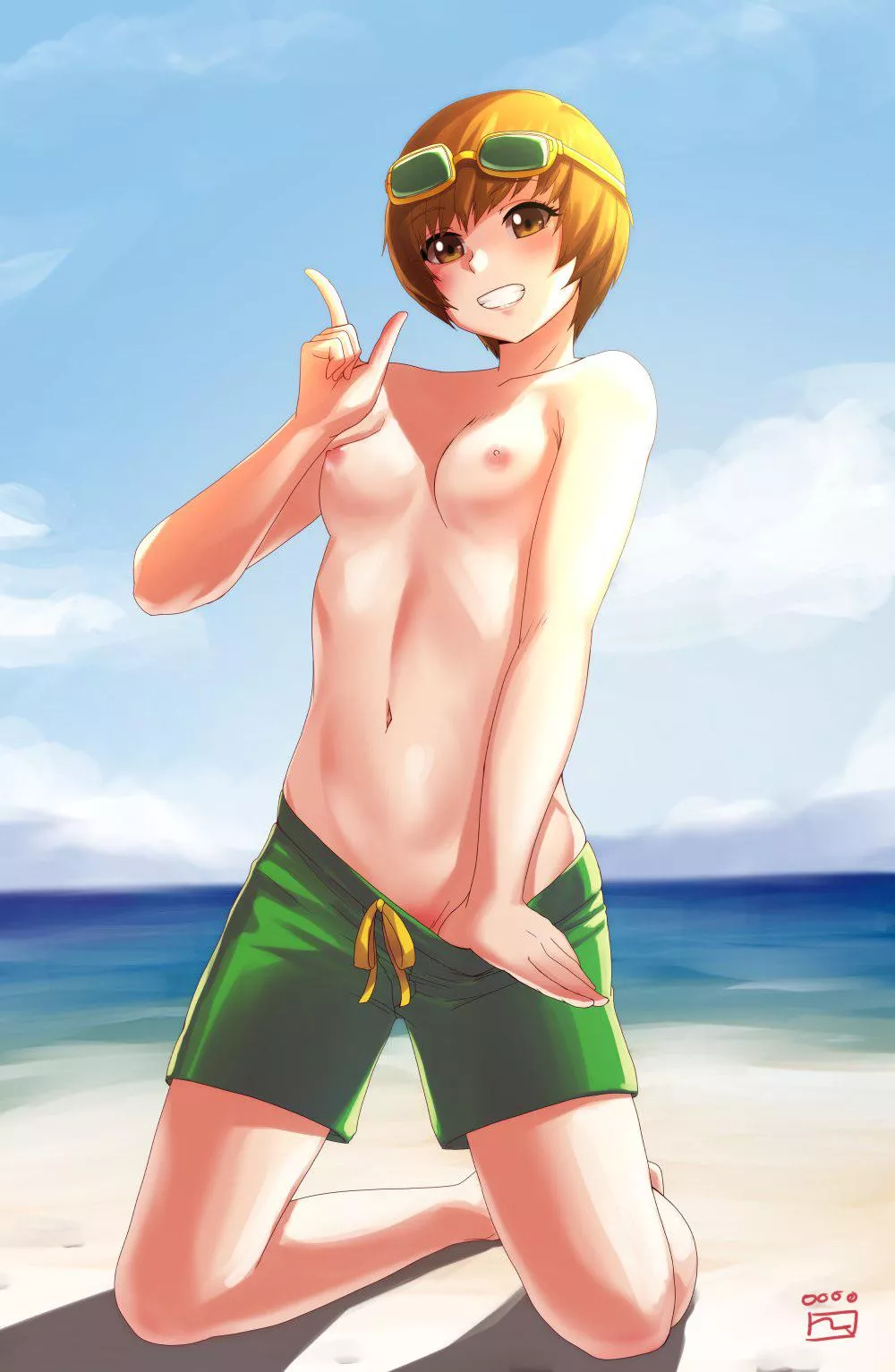 Chie pulling her trunks down on the beach (finalcake)