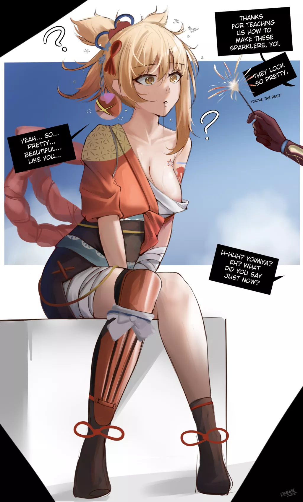 Yes, focus on the shiny object. especially the ones you made yourself~ (Yoimiya from Genshin Impact, drawn by Eroborne)