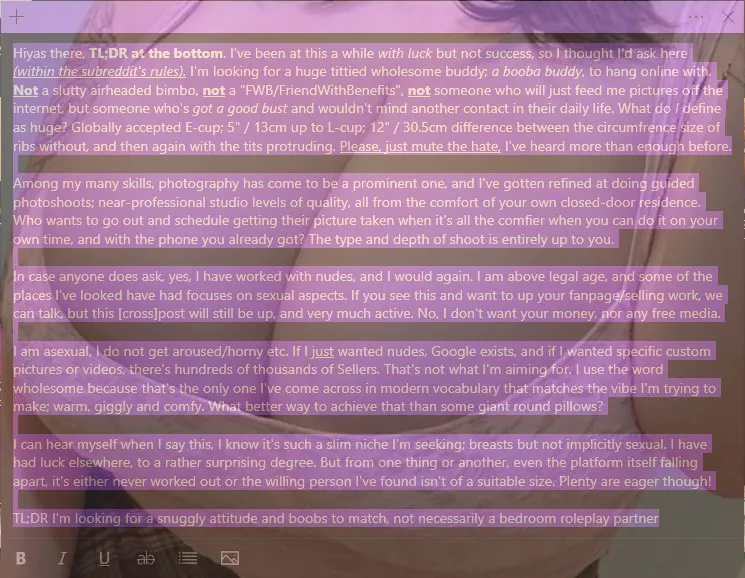 Multi-Skilled Photographer Looking For A Huge Tittied Wholesome Buddy