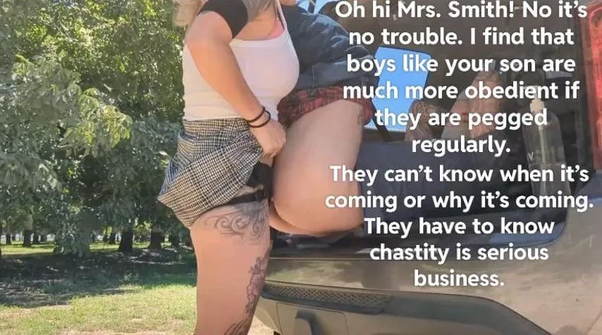 Your mother loved your new girlfriend who was much stricter than she was. Even at the family picnic, your girlfriend made sure to give you your reward of 30 minutes locked pegging. You thought she would give it to you at home but she always knew how to s