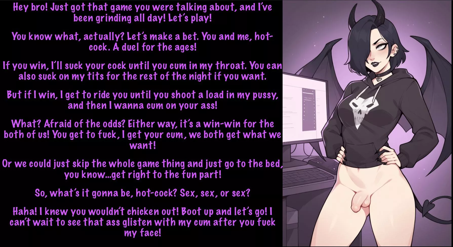 Duel! [male POV] [*inhales* futasub goth succubus roommate + Friend With Benefits] [gaming] [dare] [cum talk] [imminent sex]