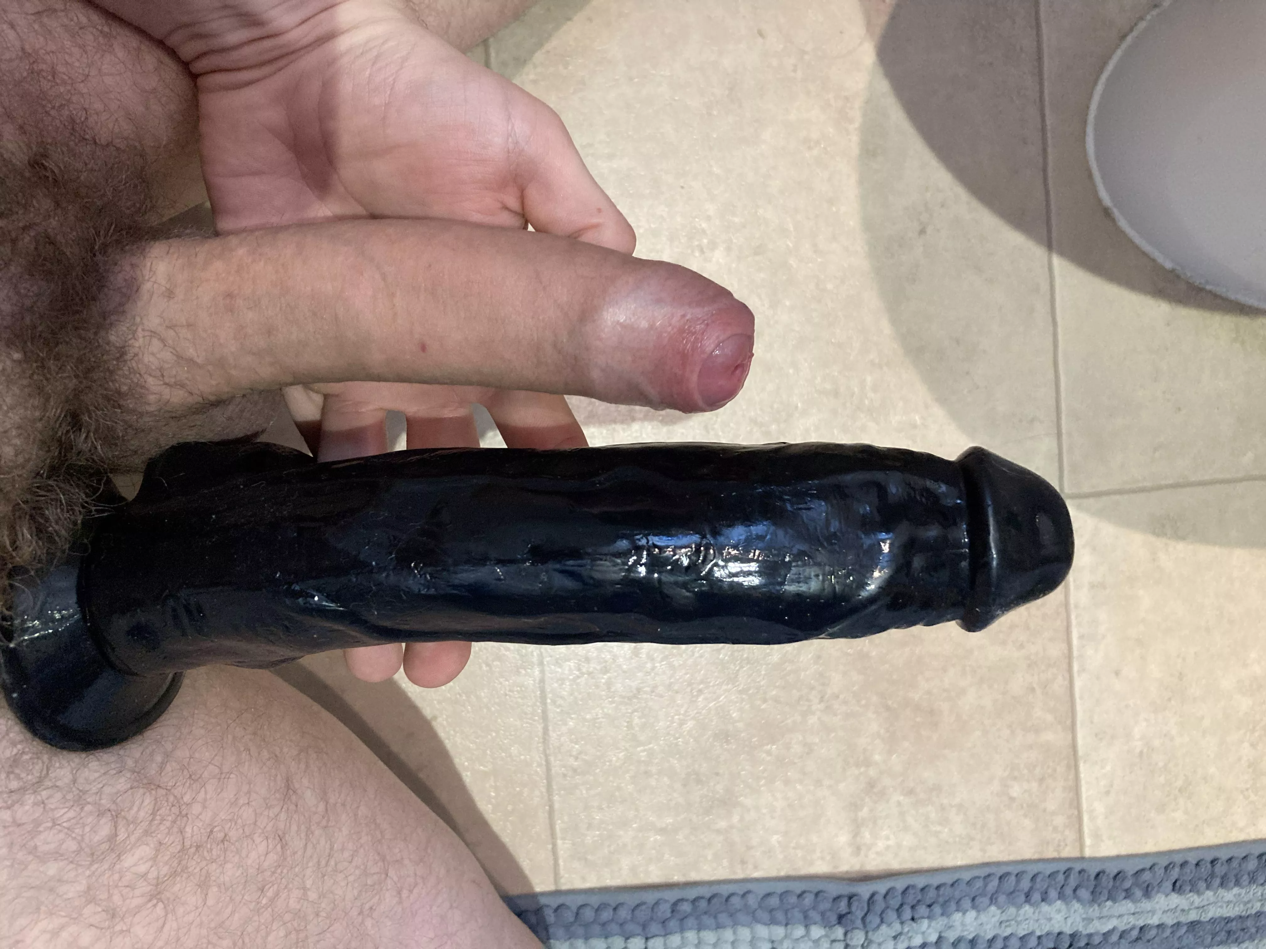 Comparing myself to my new toy. I’m not small, it’s just huge! Can I take it all?