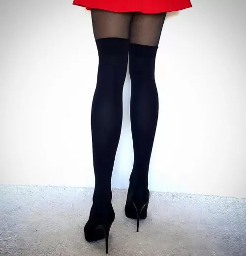 red skirt & black heels