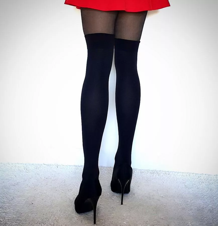 red skirt & black heels