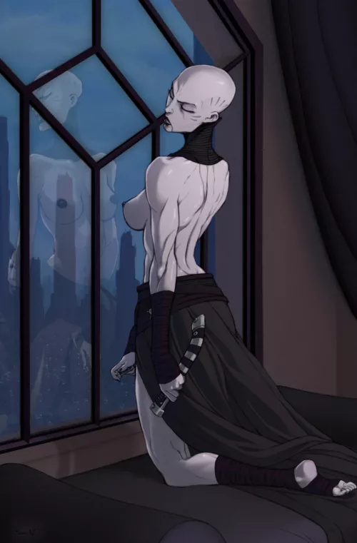 Asajj Ventress spicing up her night in her high rise on Coruscant (evilash)