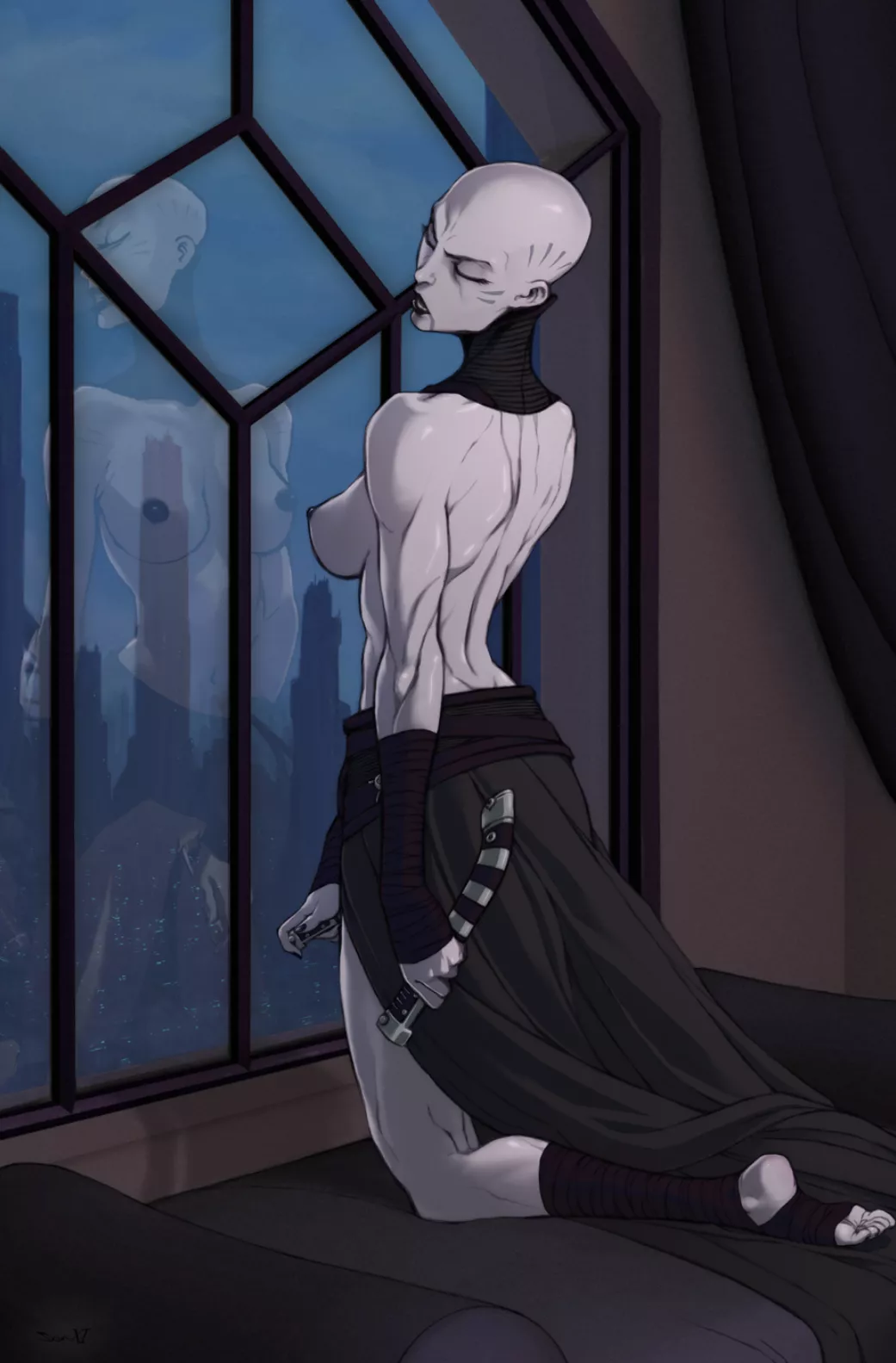 Asajj Ventress spicing up her night in her high rise on Coruscant (evilash)