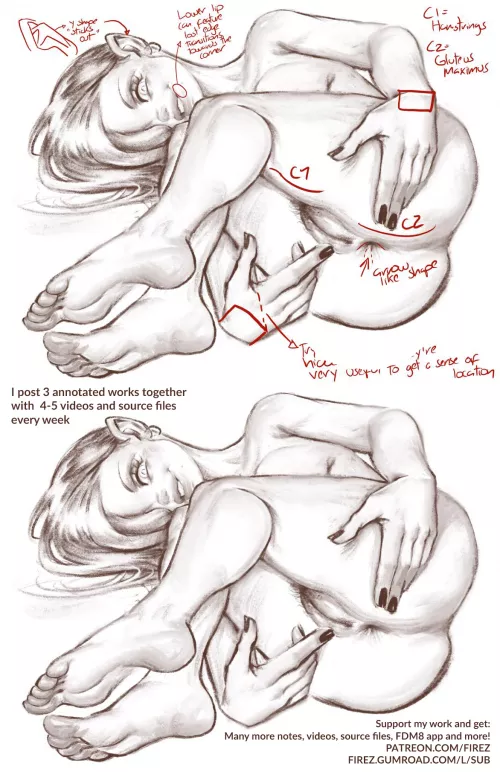 Annotated elf girl sketch. More in the replies