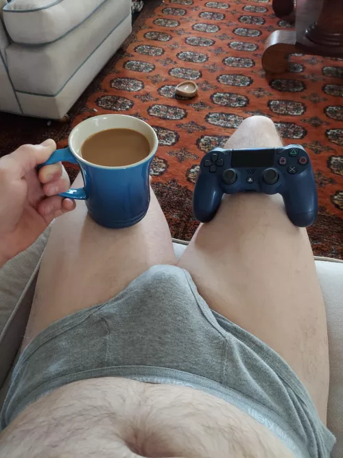 Coffee, video games and briefs. Great way to start Memorial Day