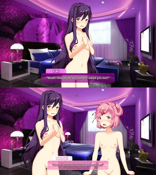 Hungover and naked, Yuri and Natsuki wake up after a night of accidental fun together.