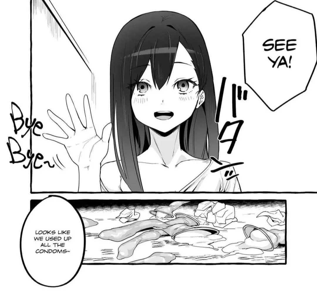 Lf Mono Source: 1girl, condoms, black hair, waving hand, 