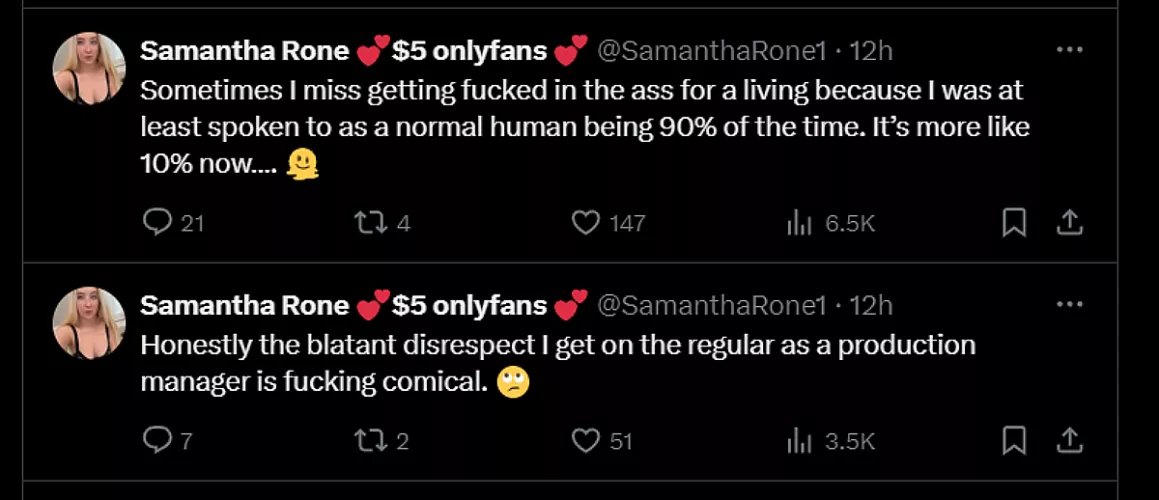 Samantha Rone - From her X account today --- not having a good day.  Maybe if she gets back in front of the camera things will improve. 