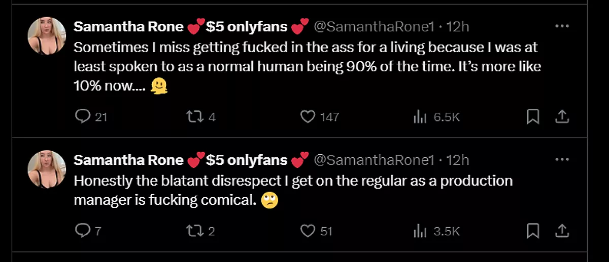 Samantha Rone - From her X account today --- not having a good day.  Maybe if she gets back in front of the camera things will improve. 